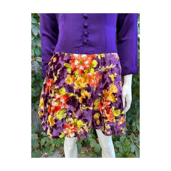 60s Scooter Dress Royal Purple Satin & Multicolor Floral Velvet Drop Waist Sm - Picture 3 of 16
